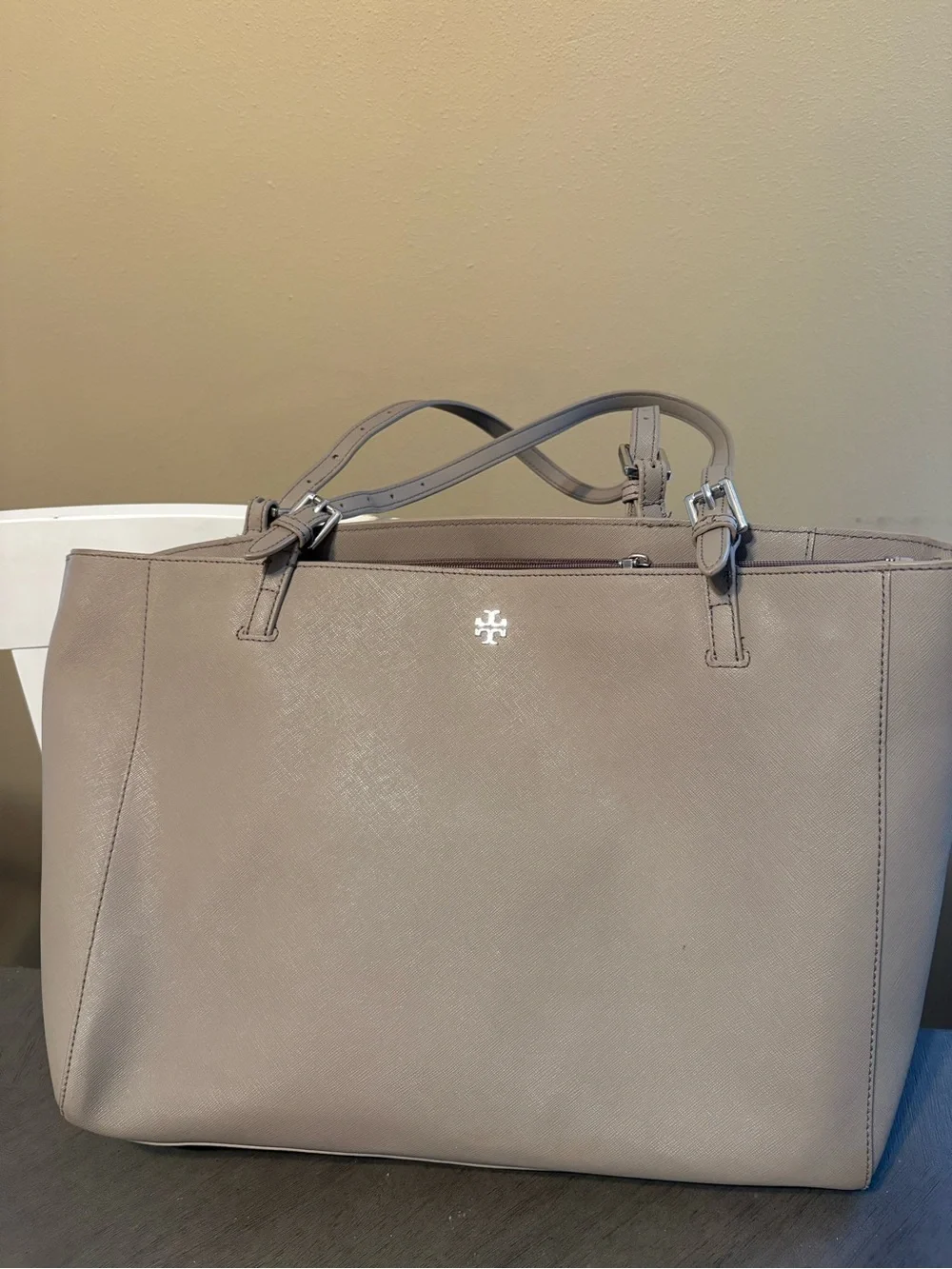 Tory Burch Neutral Taupe Leather Tote